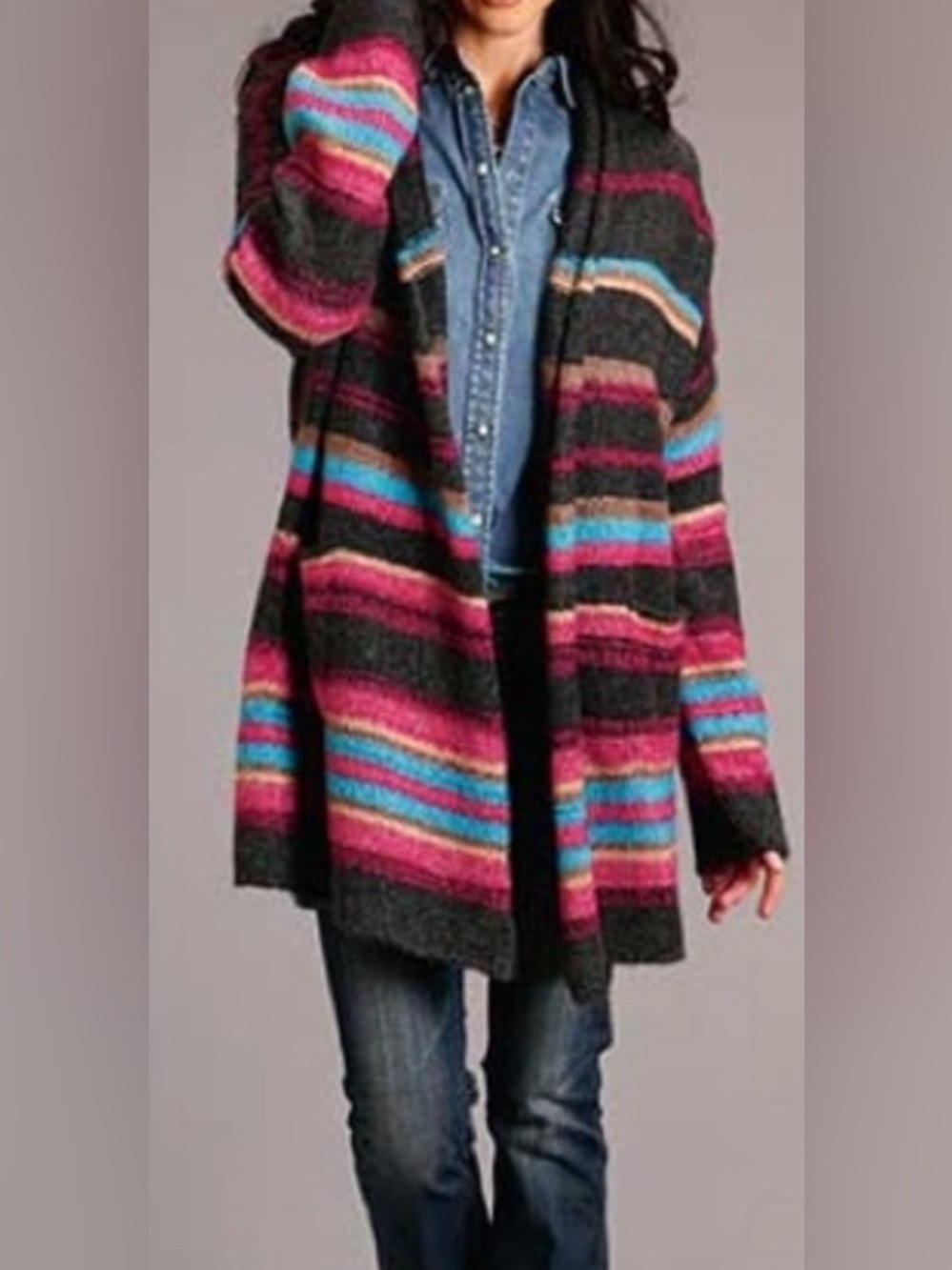 Stetson Black Open-Front Cardigan with Multicolor Stripes